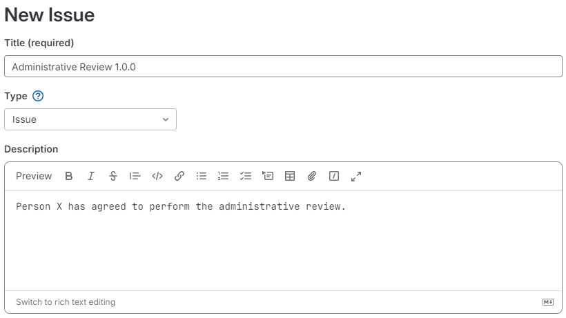 A page for a new issue. The title is set as "Administrative review 1.0.0". The description includes the name of the reviewer.