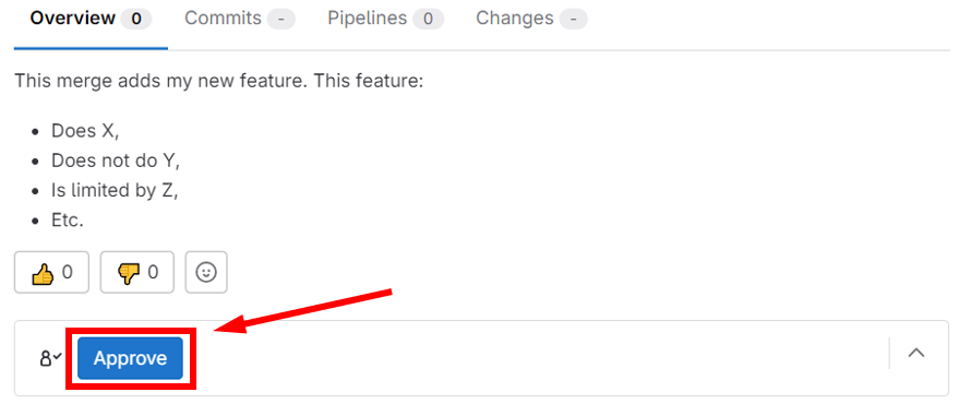 An arrow points to the "Approve" button for the merge request.
