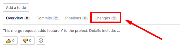 An arrow points to the "Changes" tab of a merge request on Gitlab.