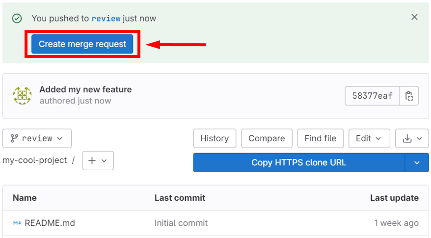 A banner at the top of the main page provides a link to create a merge request.