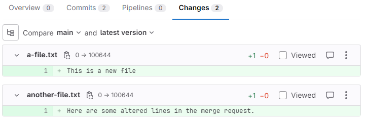 Several panels list the changes to a repository for a merge request.