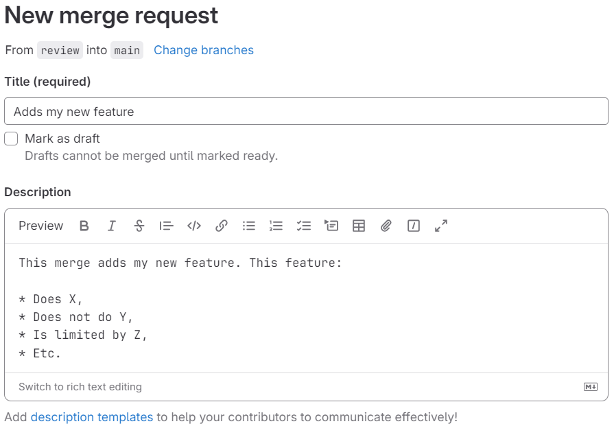 The title and description of the merge request have been filled out.