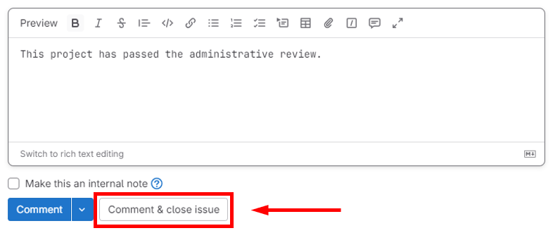 A domain review comment thread ends with a statement that the reviewer is satisfied with the reconciliation. An arrow points to the "Close issue" button.