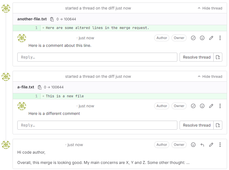 The review comments and summary are collected on the "Overview" tab.