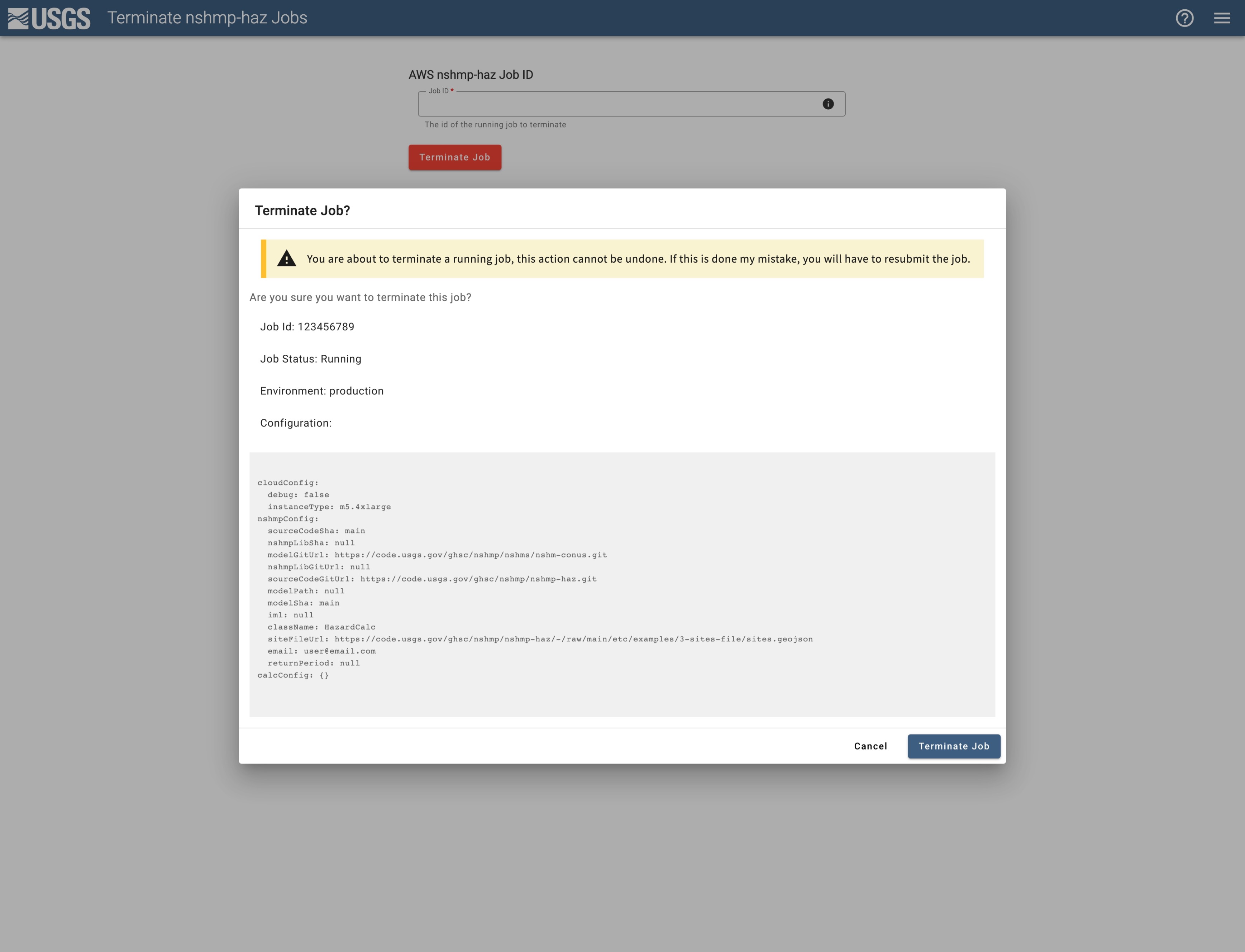 Terminate job dialog example screenshot